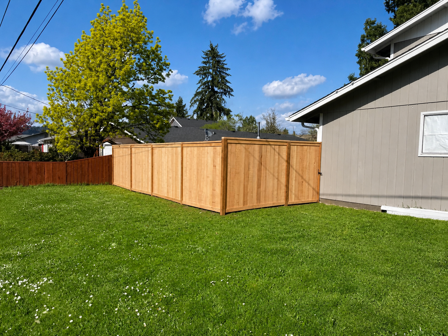 New cedar privacy fence with matching gate beside a home