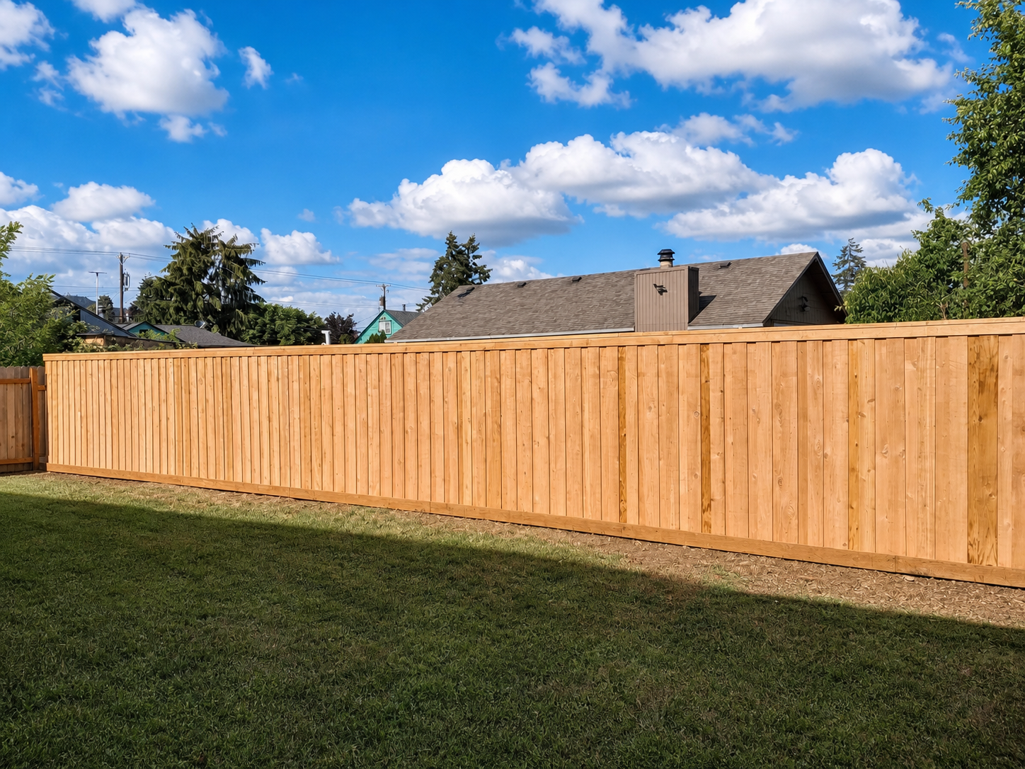 Long newly installed cedar privacy fence in a Eugene-area backyard